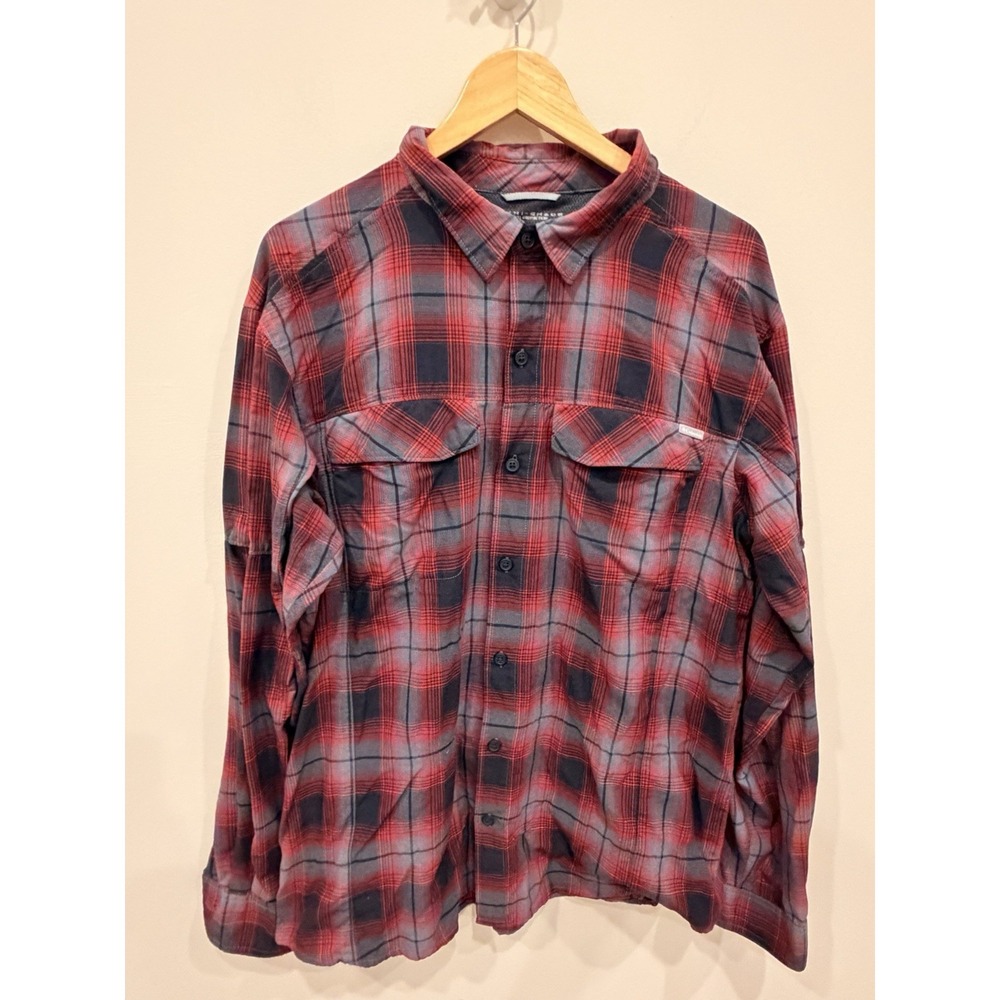 Columbia Omni Shade Plaid Button Down Shirt Red Gray Nylon Mens